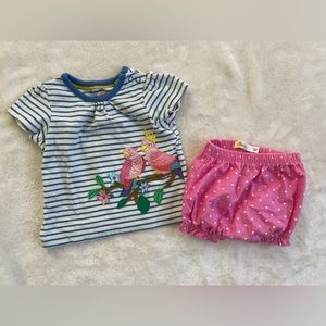 Baby Boden Tropical Bird Striped Outfit with Pink Polka Dot Shorts 3-6 months